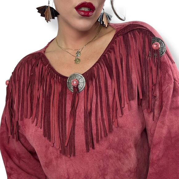 Vintage cowgirl western red cotton tie-dyed fringe sweater dress - Picture 2 of 14